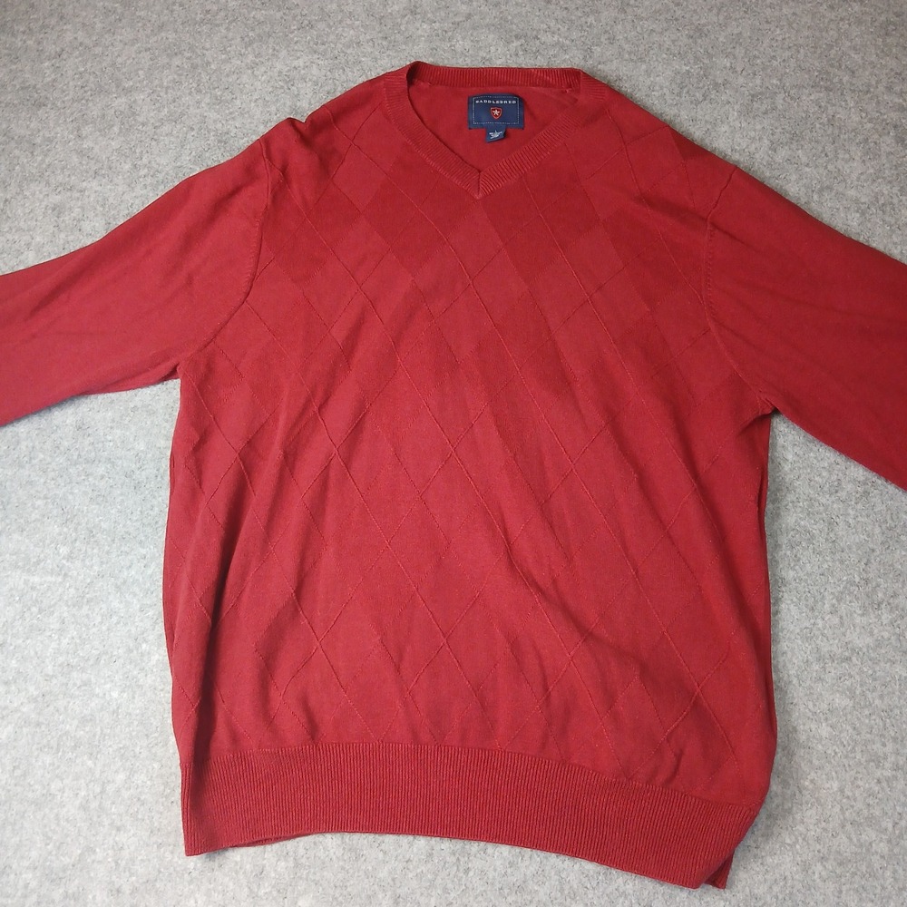 Saddlebred V-Neck Sweater Mens Large Red Argyle Diamond Knit Cotton Pullover